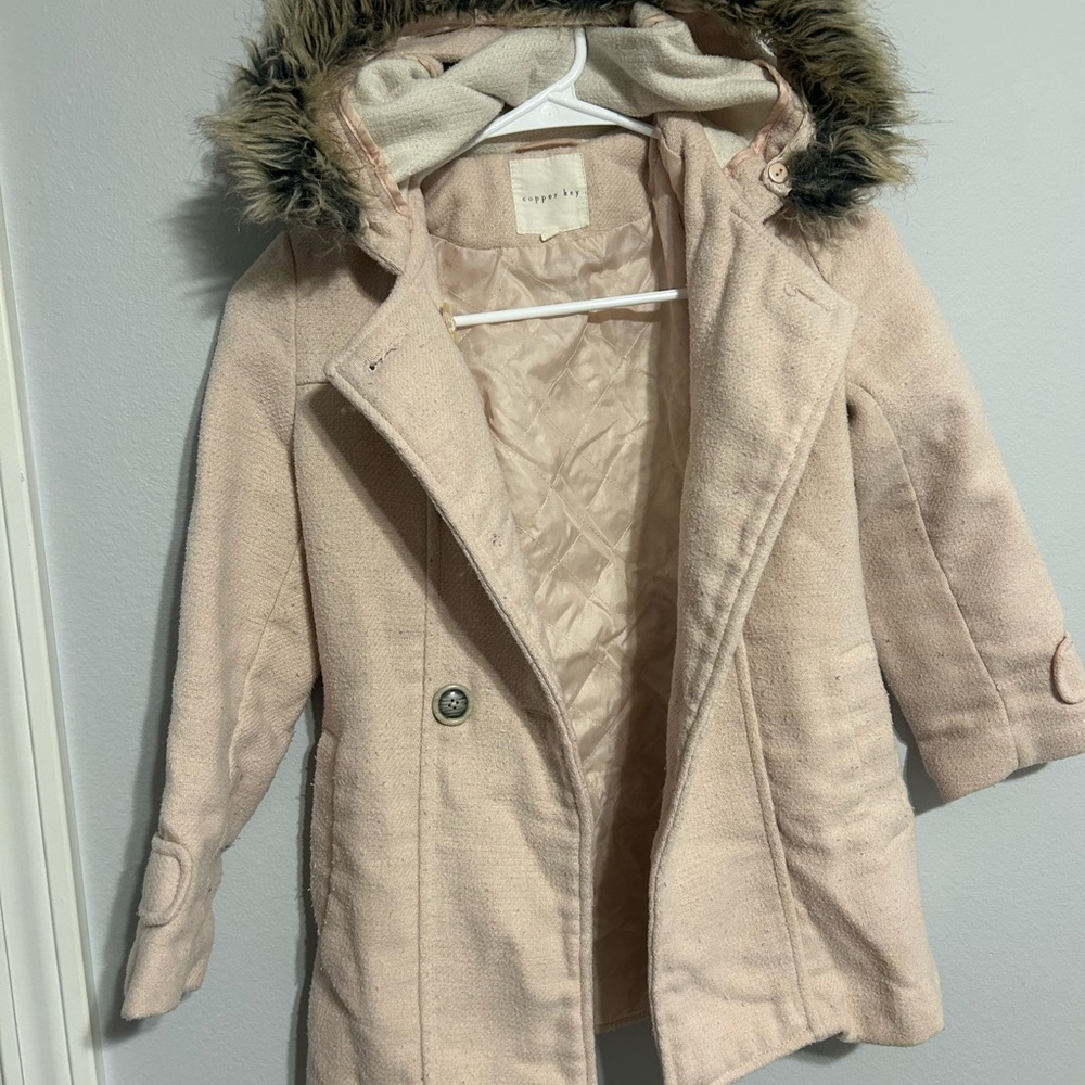 Kids Coat Light Pink Pea Coat with Faux Fur Hood
